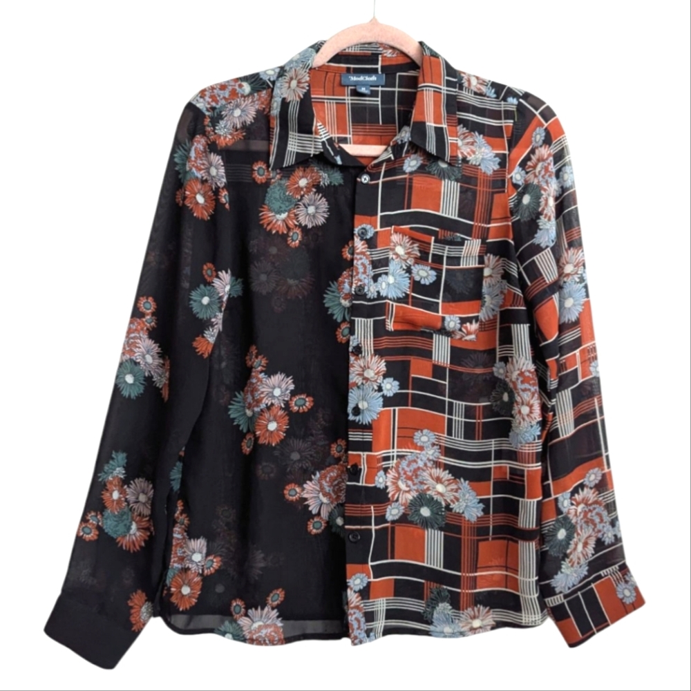 Modcloth Sheer Black Floral Long Sleeve Button Up Blouse Sz Medium Front Pocket